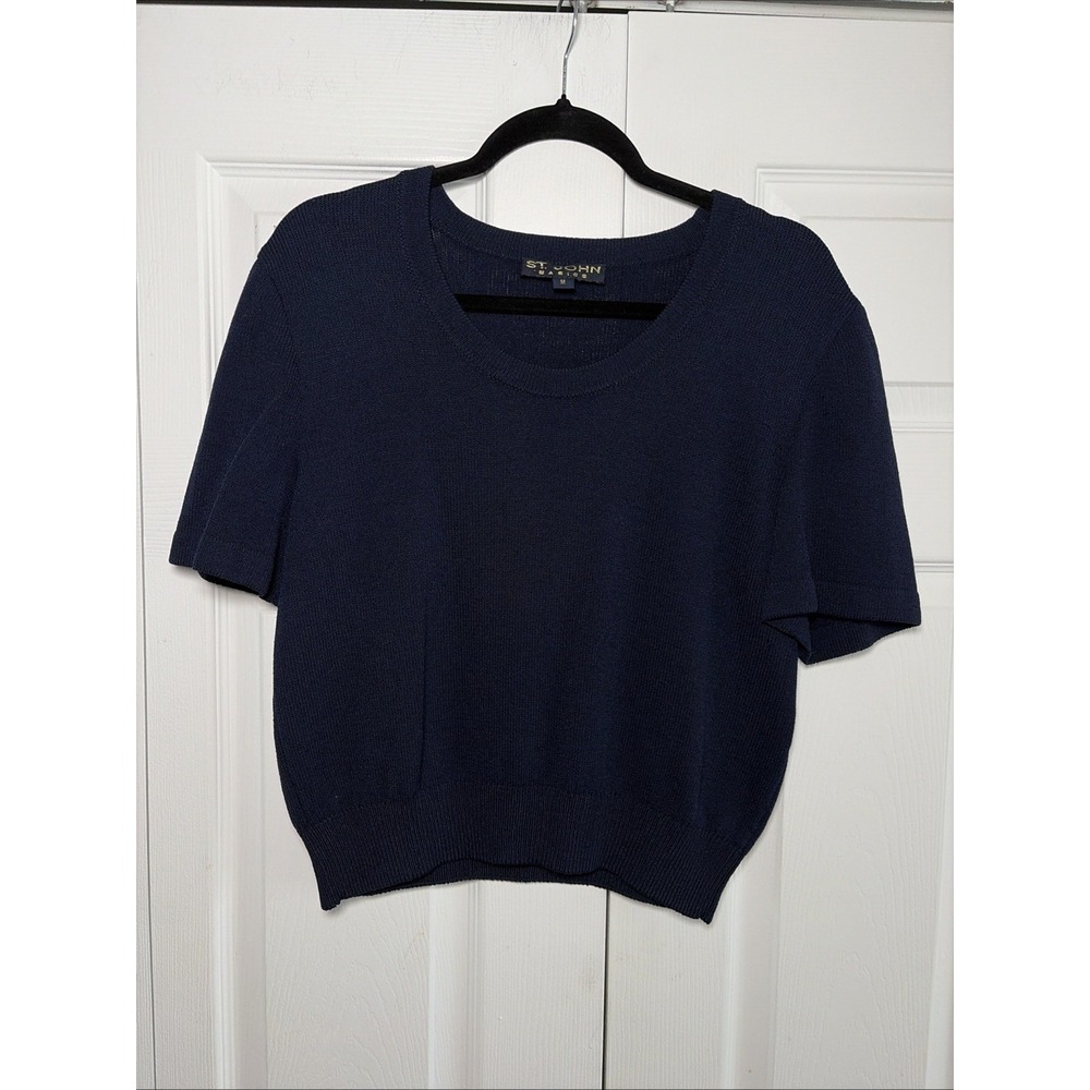 St John Basics Santana Knit Top Womens Size M Navy Blue Scoop Neck Short Sleeve